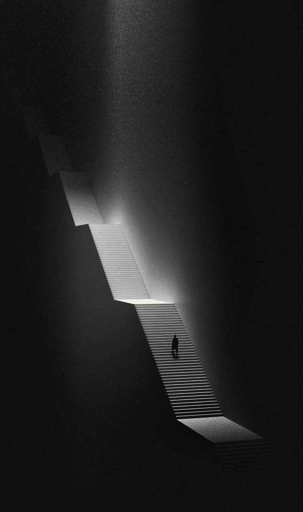 A lone figure ascending an infinite staircase through darkness toward light -- recursive layers of agent memory