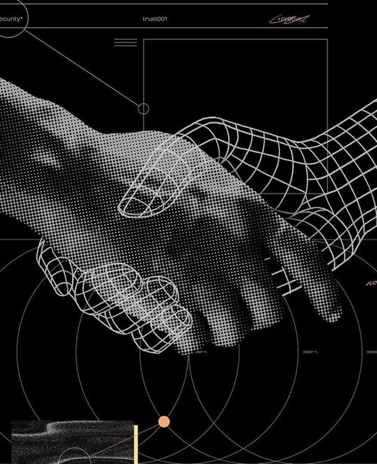 Layered human and wireframe hands reaching across a dark technical interface