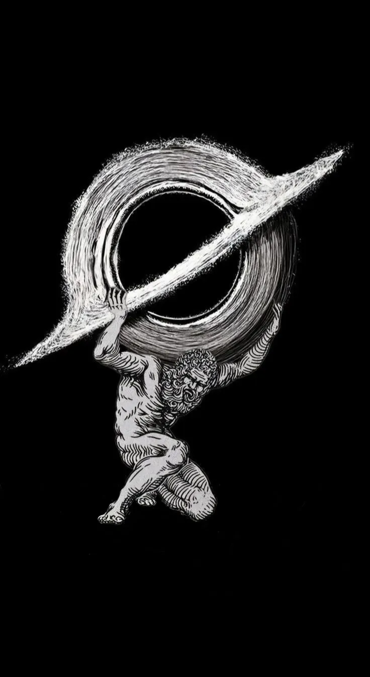 An Atlas-like figure holding a ringed planet overhead against black