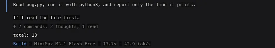 OpenCode TUI transcript with session.verbosity set to low, showing a single collapsed summary row reading + 2 commands, 2 thoughts, 1 read