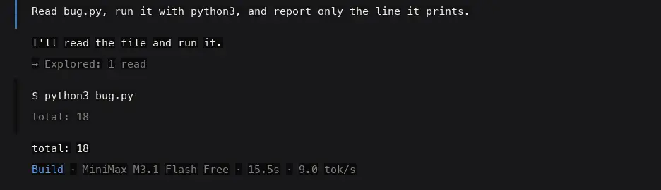 The same run with session.verbosity set to medium, showing the python3 bug.py command and its output expanded in the open